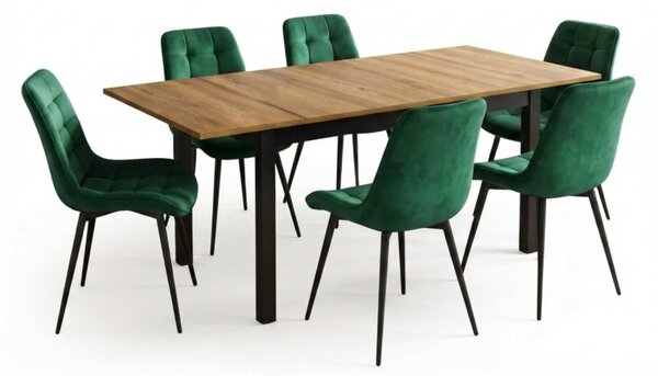 Set Masă Extensibilă Bucătărie / Dining Mara Nuc 130–170 × 75 cm cu 6 Scaune Onix Verde, Tapițate, Picioare Metalice Negre