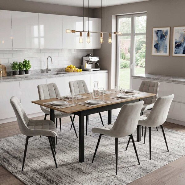 Set Masă Extensibilă Bucătărie / Dining Mara Nuc 130–170 × 75 cm cu 6 Scaune Onix Gri Deschis, Tapițate, Picioare Metalice Negre