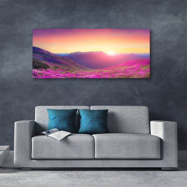 Tablou pe panza canvas Sun Mountain Meadow Natura Galben Albastru Verde Roz