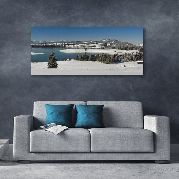 Tablou pe panza canvas Snow Lake Peisaj Forestier Albastru Alb Verde