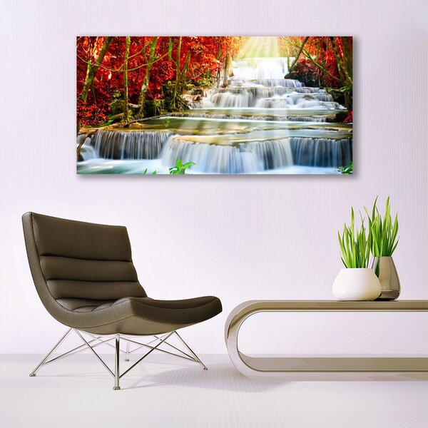 Tablou pe panza canvas Cascada Natural Pădurea Verde Portocaliu Albastru Alb