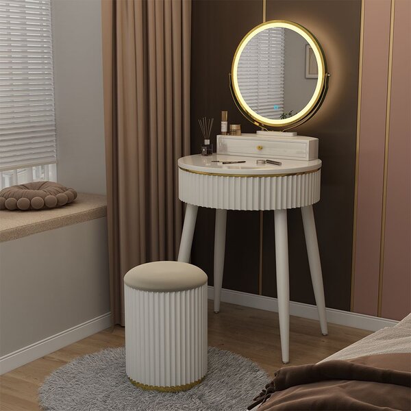 SEA459 - Set Masa toaleta 60 cm cosmetica machiaj, oglinda cu LED, masuta vanity, cu taburet - Alb