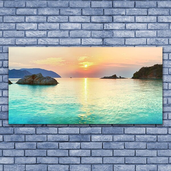 Tablou pe sticla Sea Sun Rocks Peisaj Galben Gri Albastru
