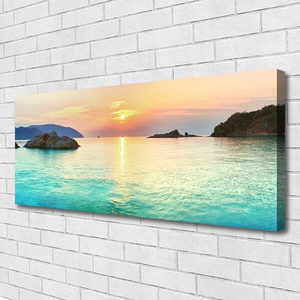 Tablou pe panza canvas Sea Sun Rocks Peisaj Galben Gri Albastru