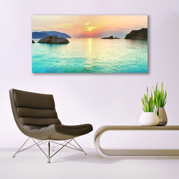 Tablou pe sticla Sea Sun Rocks Peisaj Galben Gri Albastru