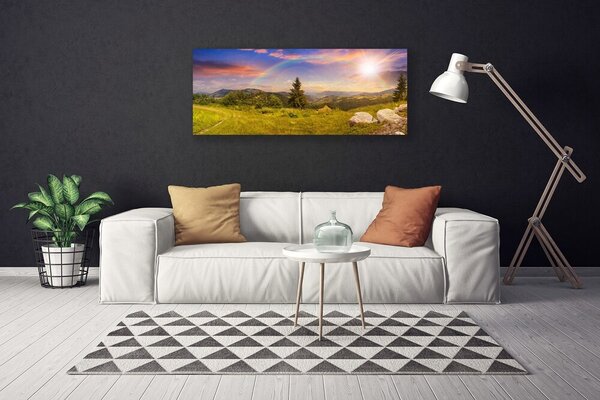 Tablou pe panza canvas Soare Munții Meadow pietre Natura Galben Verde Maro