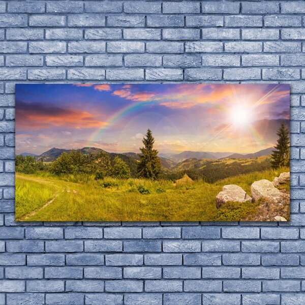 Tablou pe panza canvas Soare Munții Meadow pietre Natura Galben Verde Maro