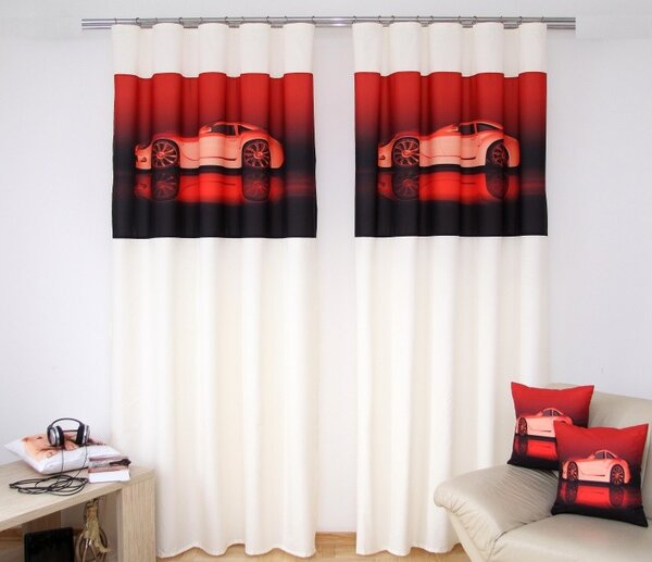 Draperie modernă culoarea crem cu imprimeu mașină roșie Lăţime: 160 cm | Lungime: 250 cm (într-un set de 2 bucăți)