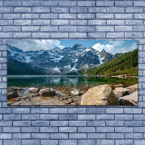 Tablou pe panza canvas Mountain Lake Forest Stones Peisaj Gri Verde Maro