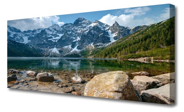 Tablou pe panza canvas Mountain Lake Forest Stones Peisaj Gri Verde Maro