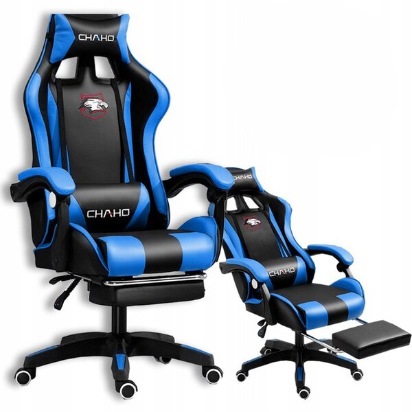 Scaun de gaming confortabil cu pernă în negru și albastru