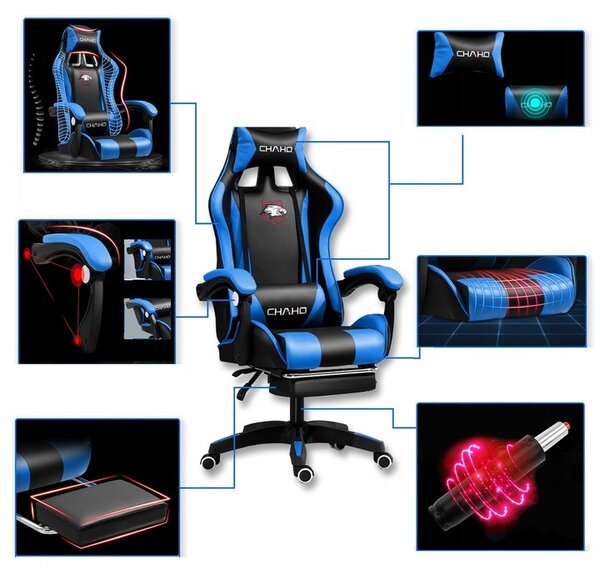 Scaun de gaming confortabil cu pernă în negru și albastru