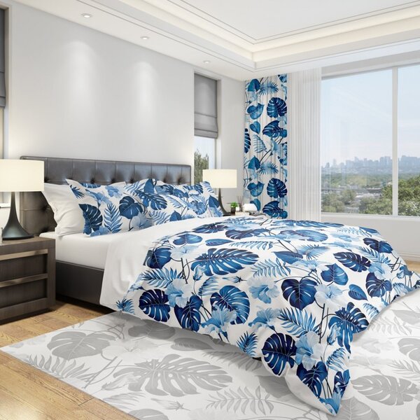 Lenjerie de pat simplă cu flori albastre 2 părți: 1buc 140 cmx200 + 1buc 70 cmx80