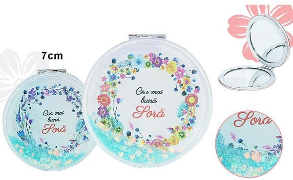 Oglinda cosmetica geanta, dubla, imprimeu floral, mesaj Cea mai buna sora, 7 cm