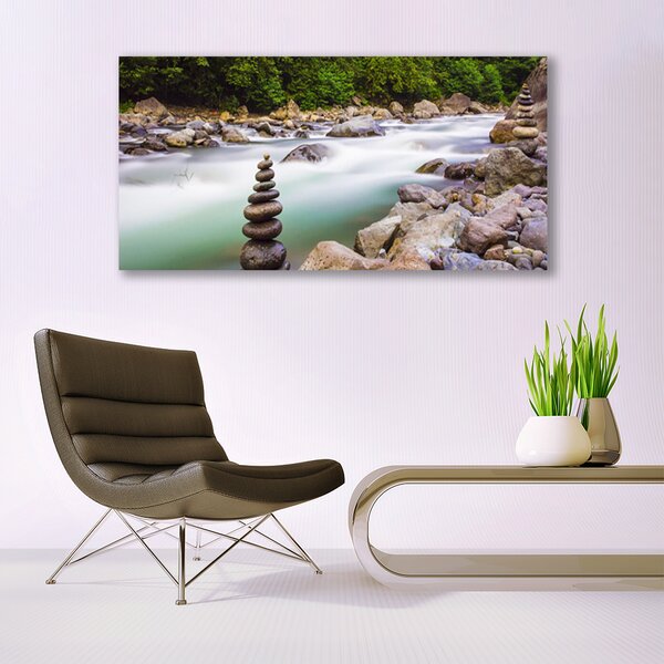 Tablou pe panza canvas Lake Forest Stones Peisaj Verde Alb Gri Maro