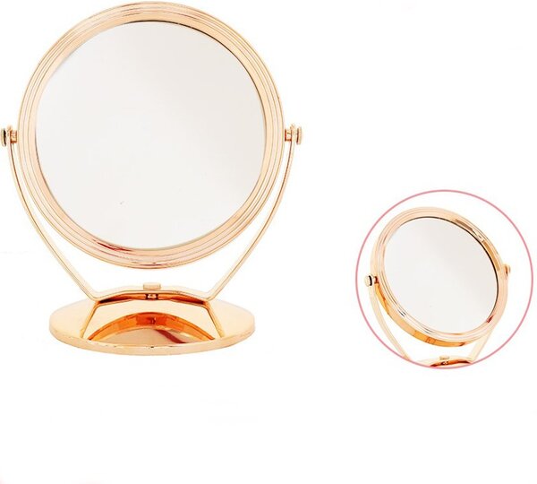 Oglinda cosmetica de masa, doua fete, rotire 360 grade, cu suport, rose gold