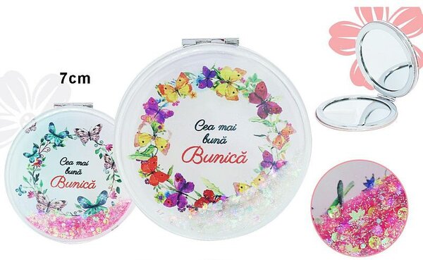 Oglinda cosmetica, mesaj Cea mai buna Bunica, diametru 7 cm, imprimeu fluturi