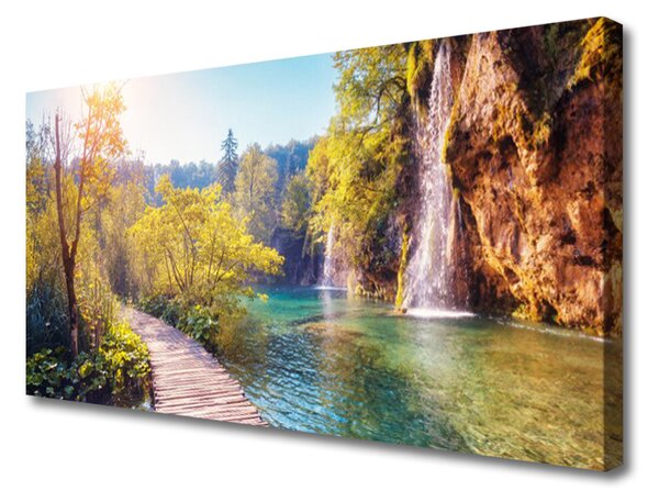 Tablou pe panza canvas Copaci Lacul Rock Podul Peisaj Maro Verde Albastru