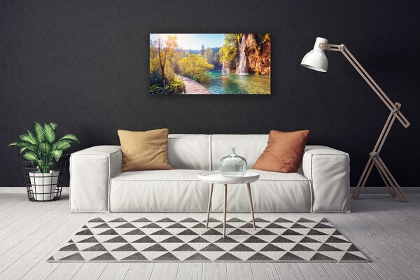 Tablou pe panza canvas Copaci Lacul Rock Podul Peisaj Maro Verde Albastru