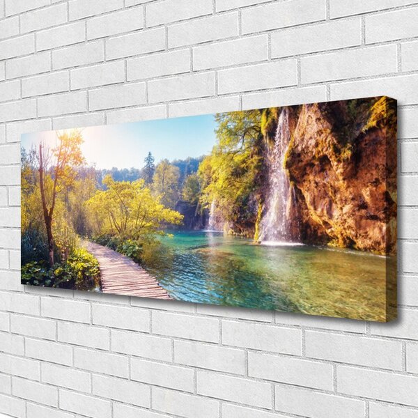 Tablou pe panza canvas Copaci Lacul Rock Podul Peisaj Maro Verde Albastru