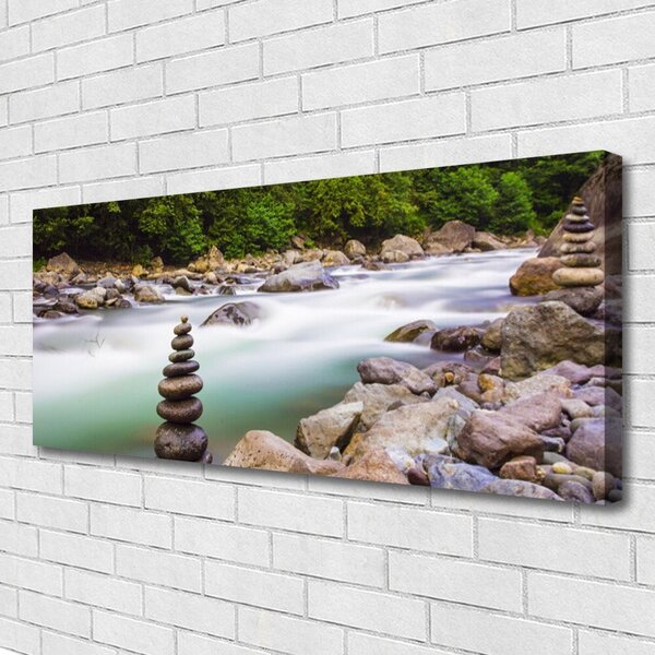 Tablou pe panza canvas Lake Forest Stones Peisaj Verde Alb Gri Maro