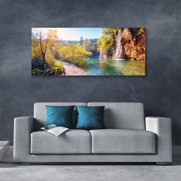 Tablou pe panza canvas Copaci Lacul Rock Podul Peisaj Maro Verde Albastru