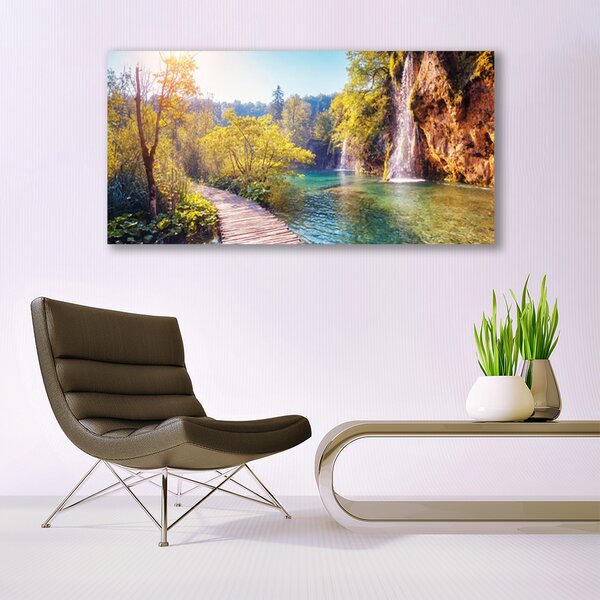 Tablou pe panza canvas Copaci Lacul Rock Podul Peisaj Maro Verde Albastru