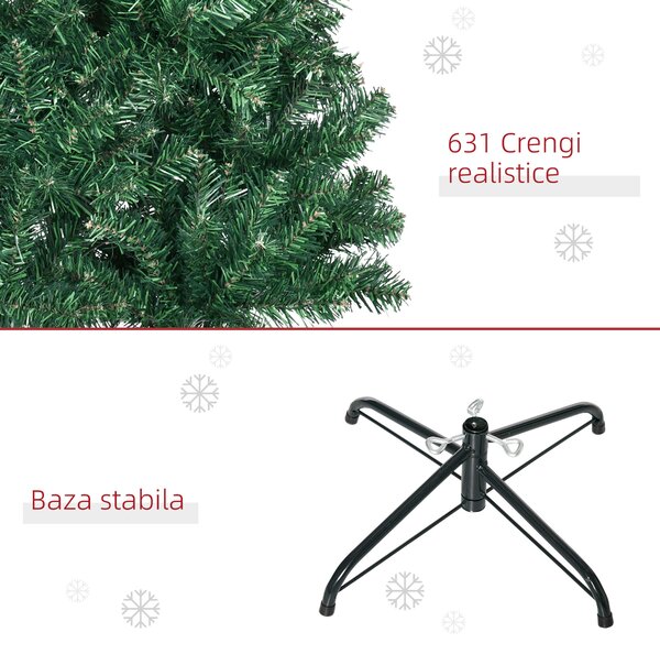 Brad de Craciun Artificial 210cm 631 Ramuri Dese din PVC ecologic, Baza Ф50, Verde, Decoratiune de Craciun HOMCOM | Aosom Romania