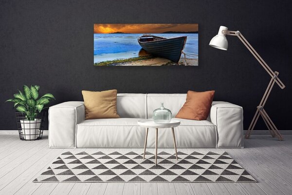 Tablou pe panza canvas Plaja barca Marea Peisaj Verde Maro Gri Albastru