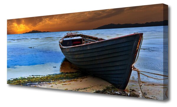 Tablou pe panza canvas Plaja barca Marea Peisaj Verde Maro Gri Albastru