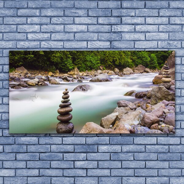 Tablou pe panza canvas Lake Forest Stones Peisaj Verde Alb Gri Maro