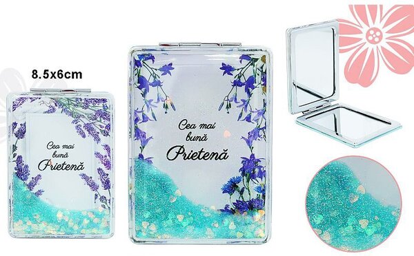 Oglinda cosmetica, model flori violet, forma dreptunghiulara, efect marire, mesaj Cea mai buna Prietena