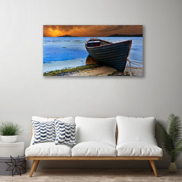 Tablou pe panza canvas Plaja barca Marea Peisaj Verde Maro Gri Albastru