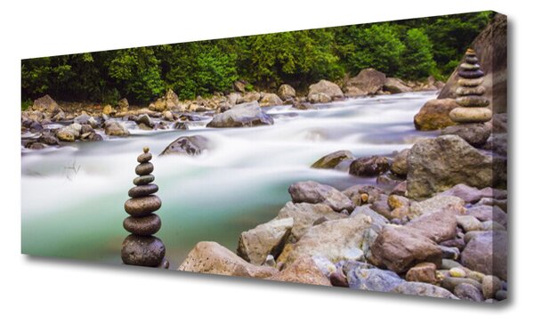Tablou pe panza canvas Lake Forest Stones Peisaj Verde Alb Gri Maro