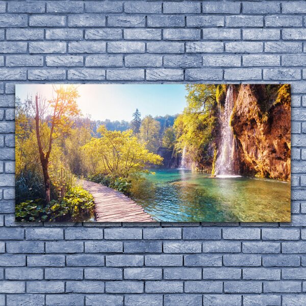Tablou pe panza canvas Copaci Lacul Rock Podul Peisaj Maro Verde Albastru