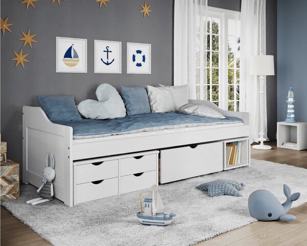 KONDELA Pat cu spaţiu de depozitare, alb, lemn masiv, 90x200, MAXI NEW
