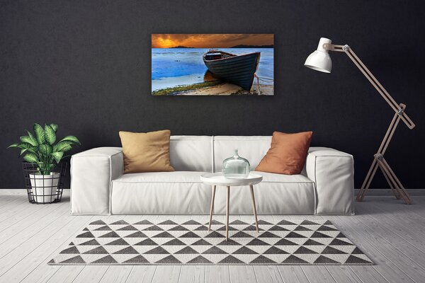 Tablou pe panza canvas Plaja barca Marea Peisaj Verde Maro Gri Albastru