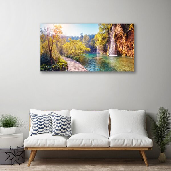 Tablou pe panza canvas Copaci Lacul Rock Podul Peisaj Maro Verde Albastru