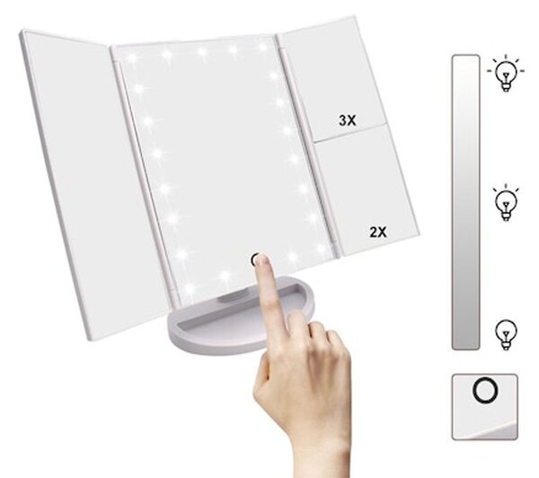 Oglinda cosmetica extensibila, 22 LED-uri, zoom 2X 3X, buton touch, USB, alb, RESIGILAT