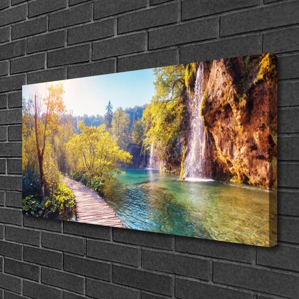 Tablou pe panza canvas Copaci Lacul Rock Podul Peisaj Maro Verde Albastru