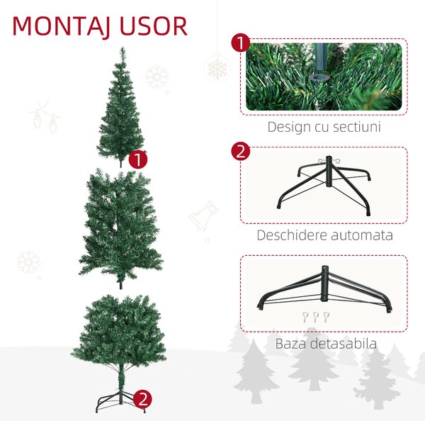 Brad de Craciun Artificial 210cm 631 Ramuri Dese din PVC ecologic, Baza Ф50, Verde, Decoratiune de Craciun HOMCOM | Aosom Romania