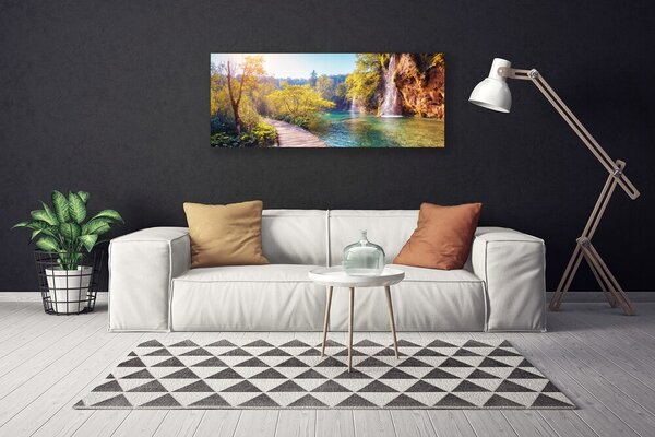 Tablou pe panza canvas Copaci Lacul Rock Podul Peisaj Maro Verde Albastru