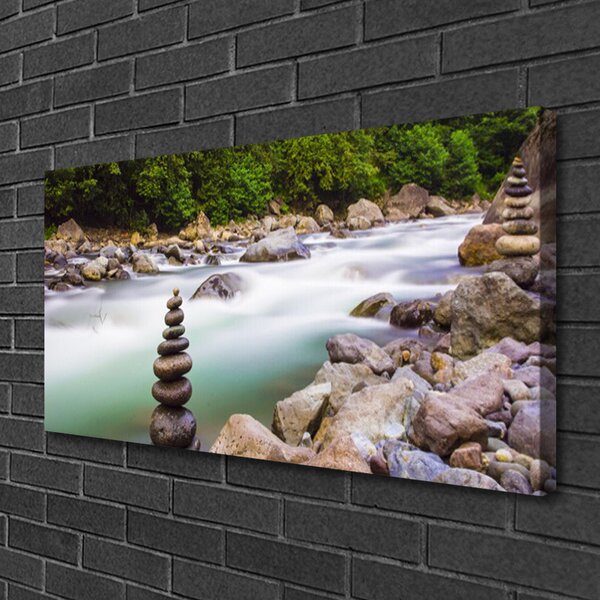 Tablou pe panza canvas Lake Forest Stones Peisaj Verde Alb Gri Maro