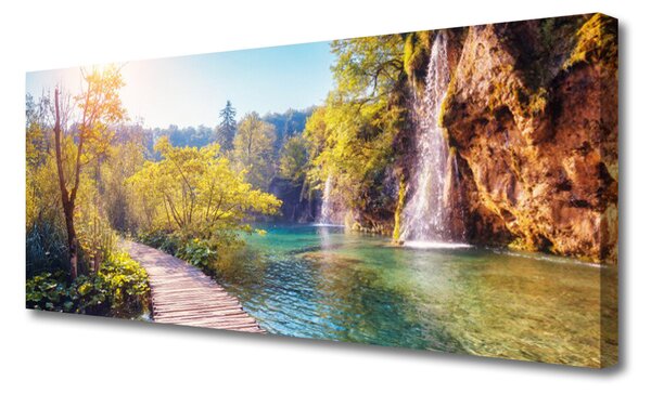 Tablou pe panza canvas Copaci Lacul Rock Podul Peisaj Maro Verde Albastru