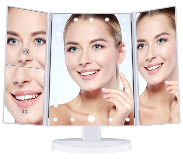 Oglinda cosmetica extensibila, 22 LED-uri, zoom 2X 3X, buton touch, USB, alb, RESIGILAT