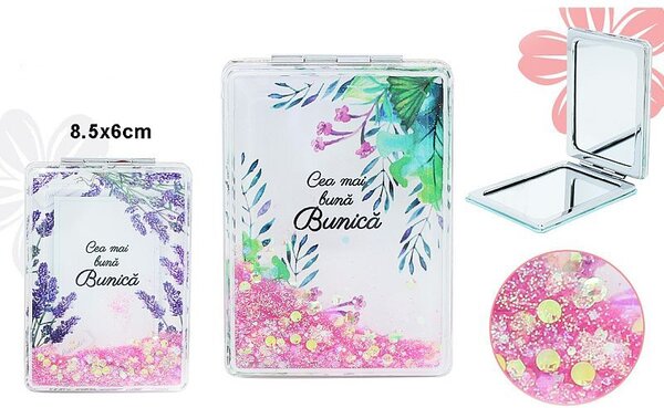 Oglinda cosmetica, dimensiune mica, model glitter, efect marire, mesaj Cea mai buna Bunica