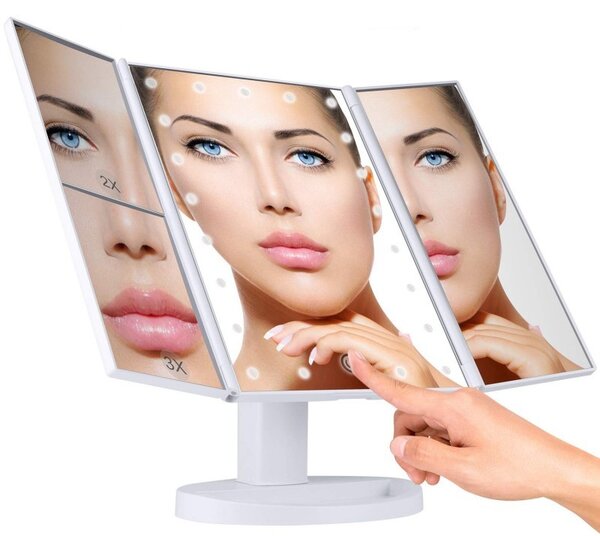 Oglinda cosmetica extensibila, 22 LED-uri, zoom 2X 3X, buton touch, USB, alb, RESIGILAT