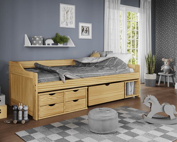 KONDELA Pat cu spaţiu de depozitare, natural, lemn masiv, 90x200, MAXI NEW