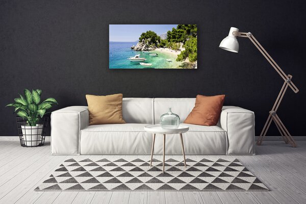 Tablou pe panza canvas Marea barca Rocks Beach Peisaj Albastru Alb Verde Gri