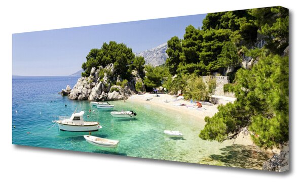 Tablou pe panza canvas Marea barca Rocks Beach Peisaj Albastru Alb Verde Gri